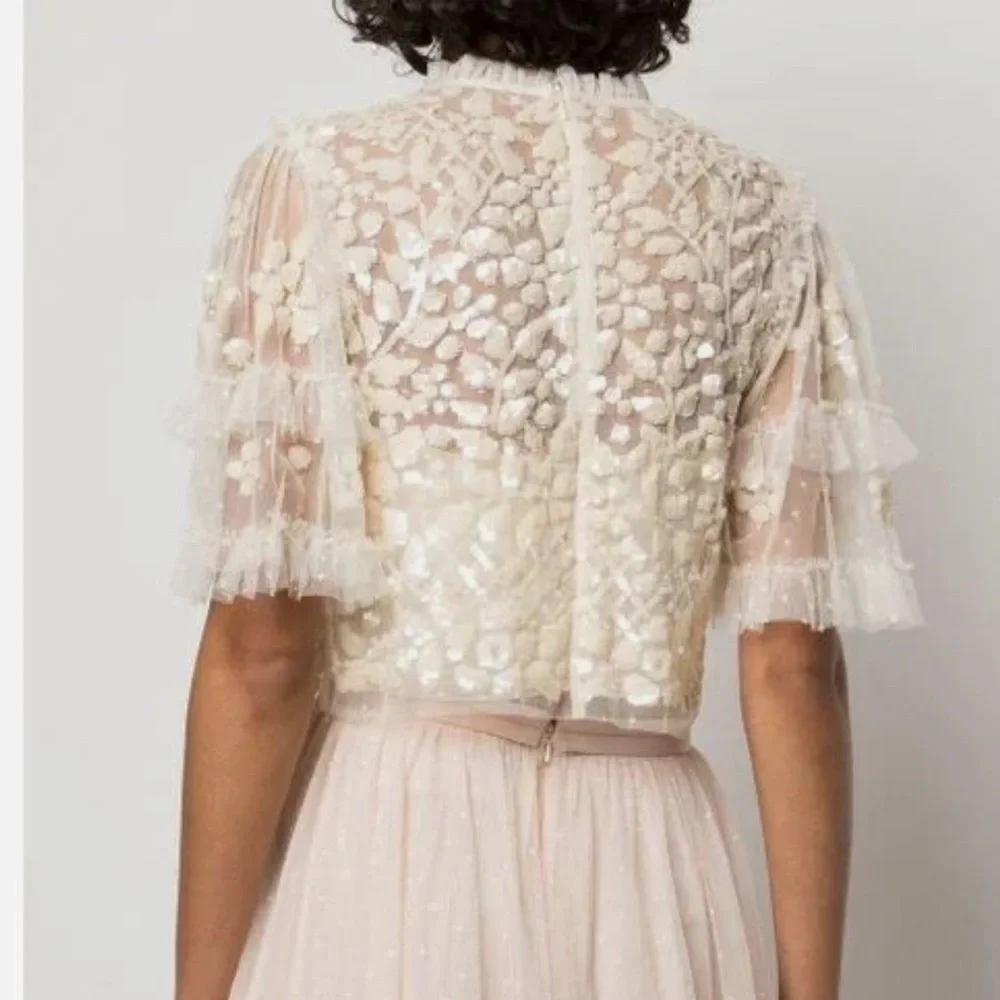 NEEDLE & THREAD Aurelia Sequin Embellished Top Natural Cream Ruffle Sheer Blouse - Picture 14 of 15